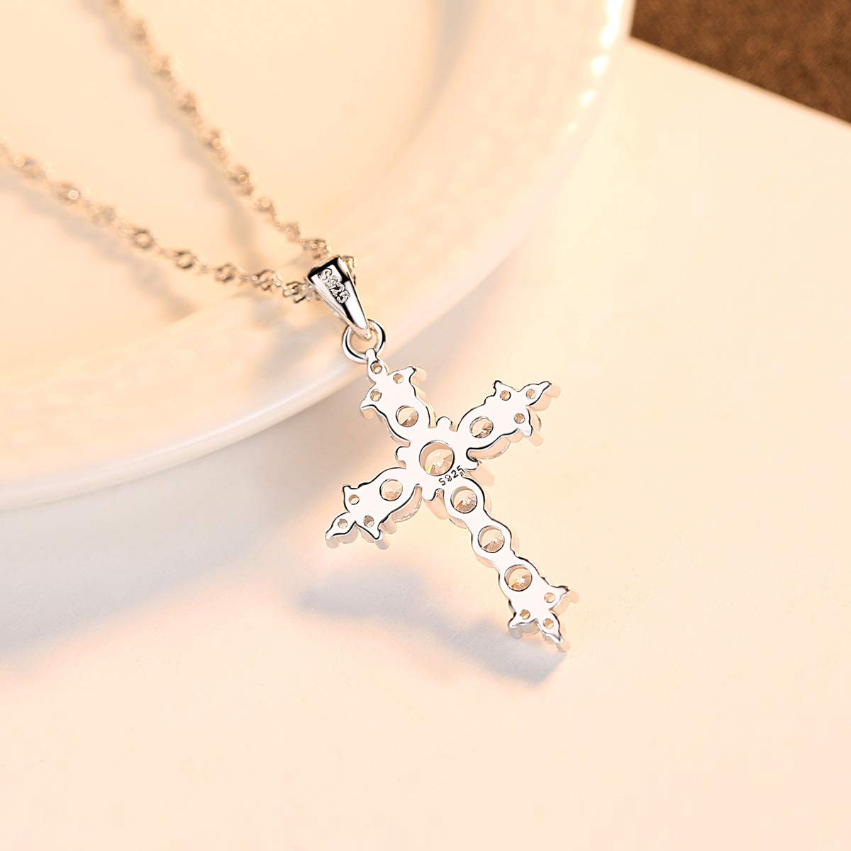 Peiyo Cross Necklace for Women Sterling Silver cubic zirconia Cross Clavicle Chain Mens Necklaces Christian Gifts