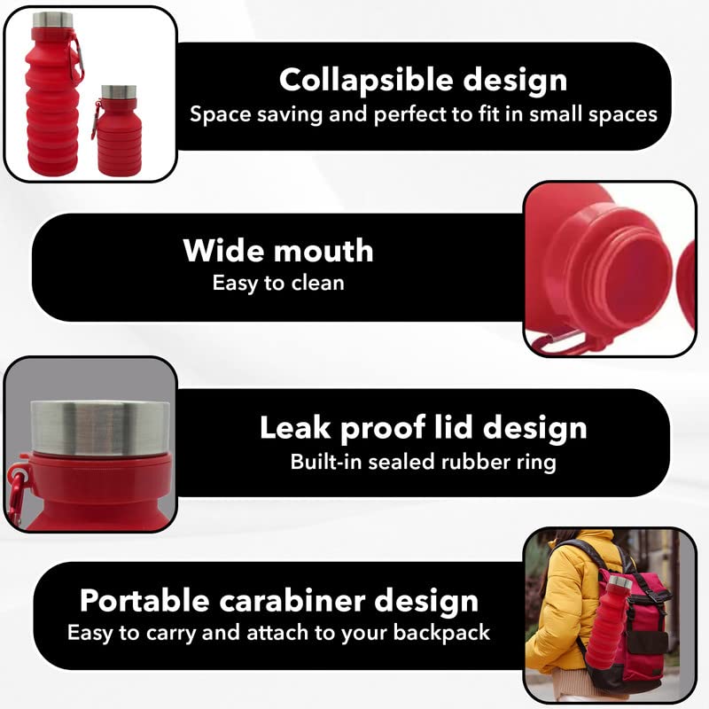 Gadgetime USA Collapsible Water Bottle (Red) Reusable, BPA Free, Silicone, Foldable Portable & Leak Proof - Water Bottles for Travel Gym Camping Hiking - Sports Water Bottle with Carabiner