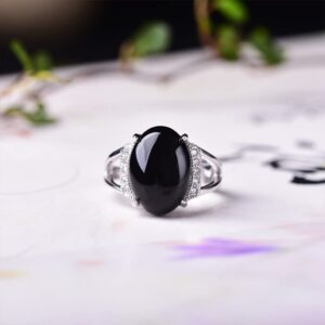 DALEGEM Adjustable Women Natural Agate Onyx Stone Ring,Platinum Plated S925 Sterling Silver Open Real Genuine Quartz Gemstone Ring (Stone_B, Adjustable)