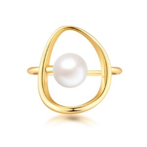 FUNYCHEN Pearl Ring for Women Sterling Silver Pearl Ring Gold Valentine's Day Gifts Graduation and Mother's Day gift for Her Irregular Ring Freshwater Cultured Pearl Ring Dainty Statement Ring Jewelry US Size 5-10 (Gold, 8)