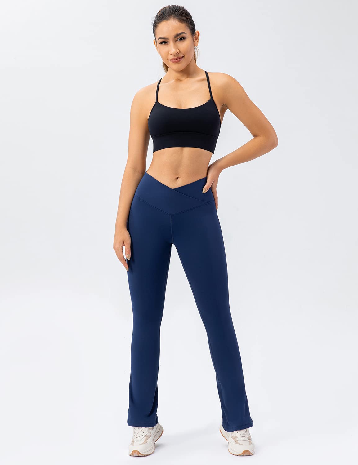 Ukaste Women's Casual Bootleg Yoga Pants Flare V Crossover Waisted Workout Leggings (Dark Blue, M)