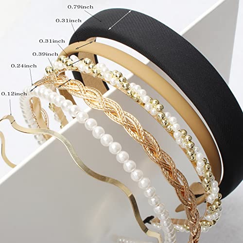 naibirdr 6PCS Different Designs Headbands for Women Gold Metal Hairband,Cute Pearl Headbands for Girls,Twisted Head Band,Black Solid Headbands Set…