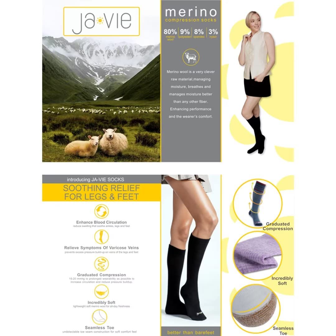 ja vie JAVIE 80% Merino Wool Ultra Soft 15-20mmHg Graduated Compression Socks for Women & Men Large