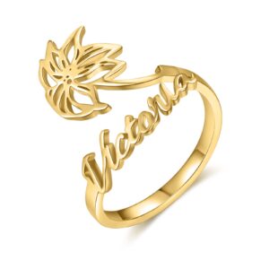 personalized name ring for women, custom adjustable birth flower ring with names promise birth flower ring for her gift for women bff (gold)