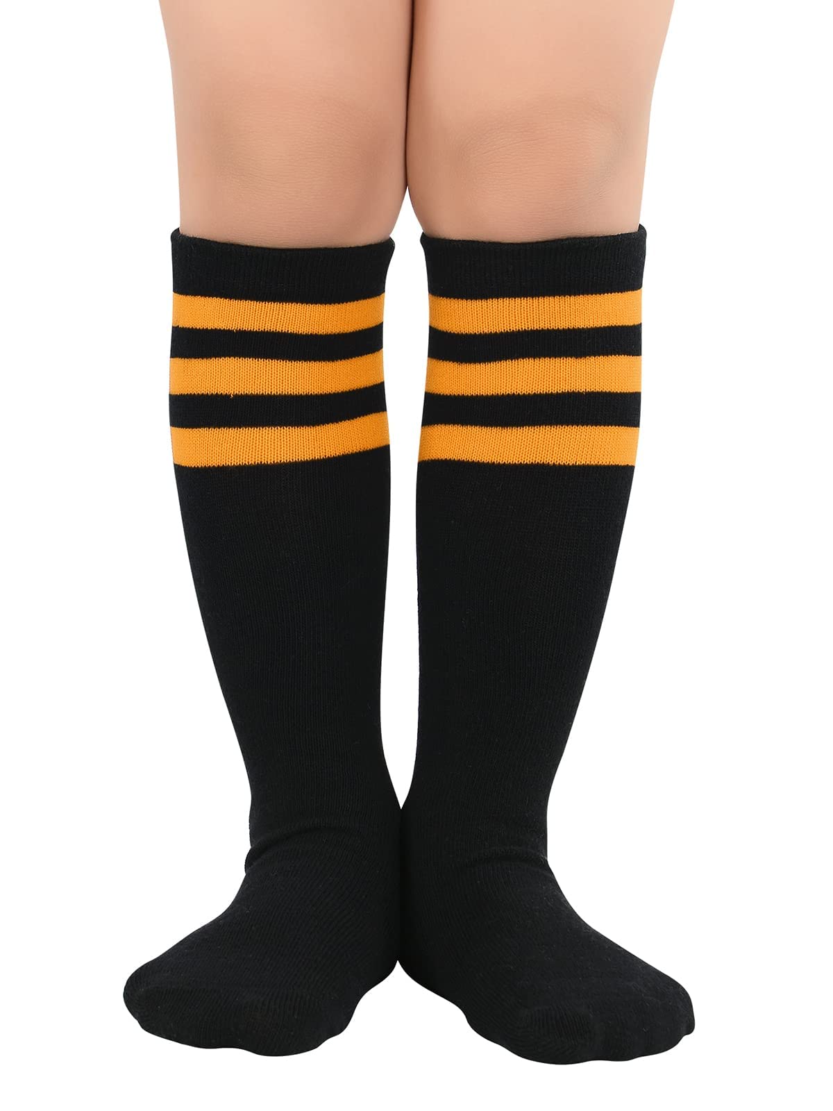 Kids Soccer Socks Toddler Knee High Tube Socks Three Stripes Cotton Uniform Sports Stocking for Girls Boys Halloween Socks 1 Pack Black Orange