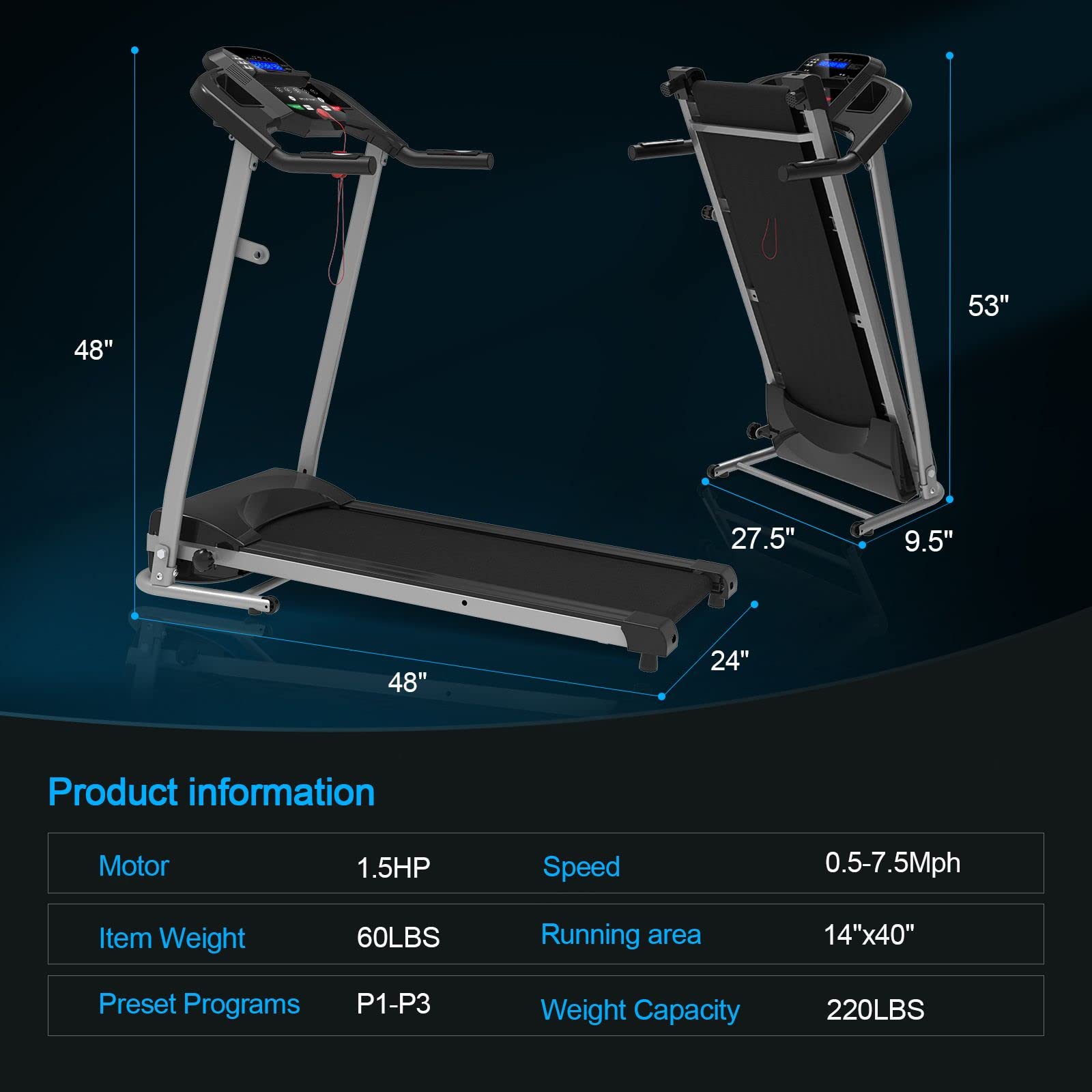 Foldable Treadmill, Electric Motorized Running Machine for Home Workout, Space-Saving Easy Assembly Fitness Motorized Running Jogging Exercise Machine