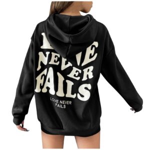 Women Pullover Slogan Graphic Drop Shoulder Letter Print Drawstring Long-Sleeved Hooded Casual Blouse Sweater Hoodie for