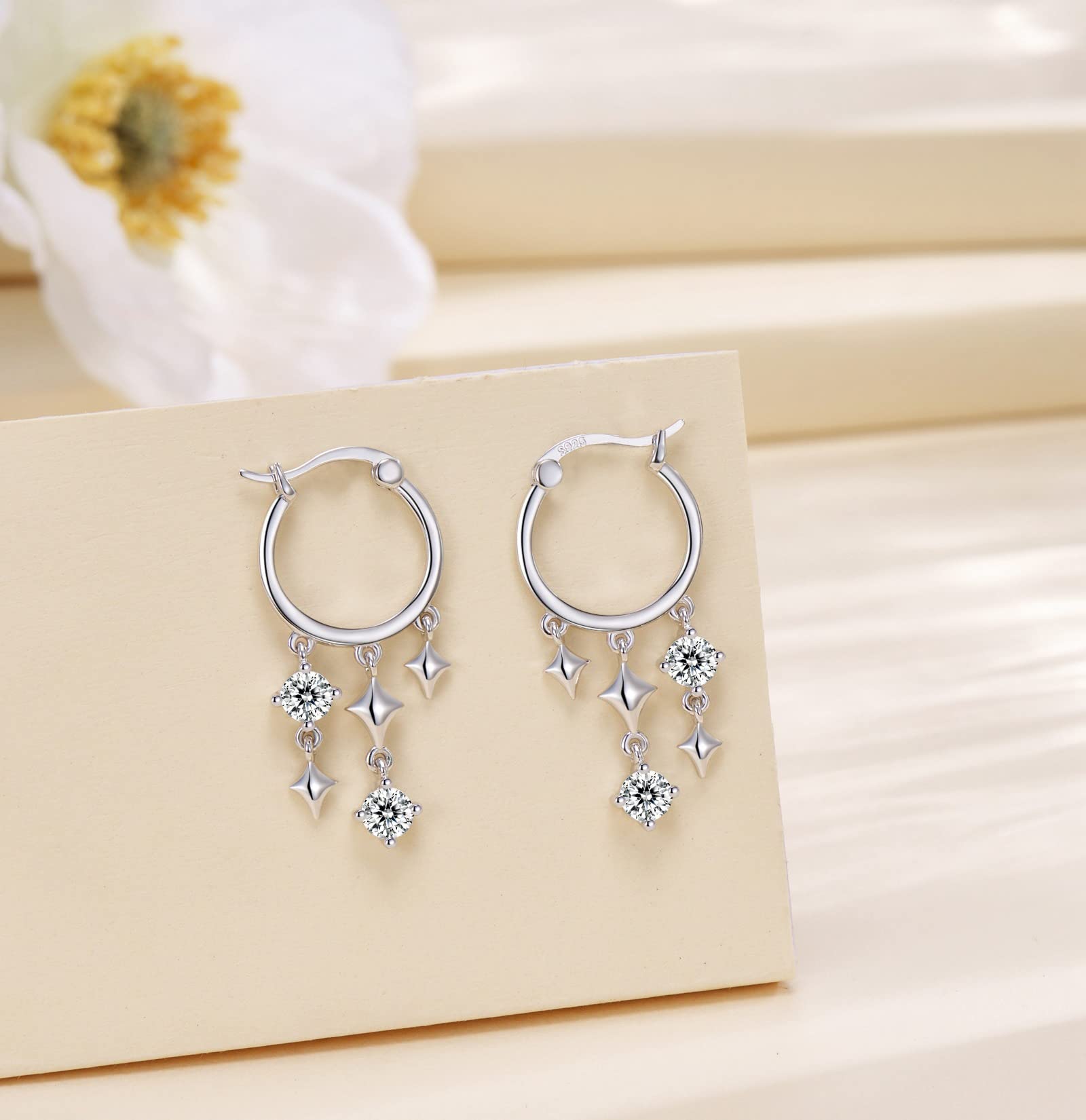 Tassel Stars Earrings 925 Sterling Silver Tassel Cubic Zirconia Dangle Drop Stud Earrings Wedding Fashion Jewelry for Women