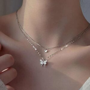 YienDoo Boho Layered Crystal Butterfly Necklace Choker Vintage Silver Tiny Butterfly Pendant Necklace Funky Rhinestone Butterfly Choker Rock Statement Necklace Charm Jewelry for Women and Girls