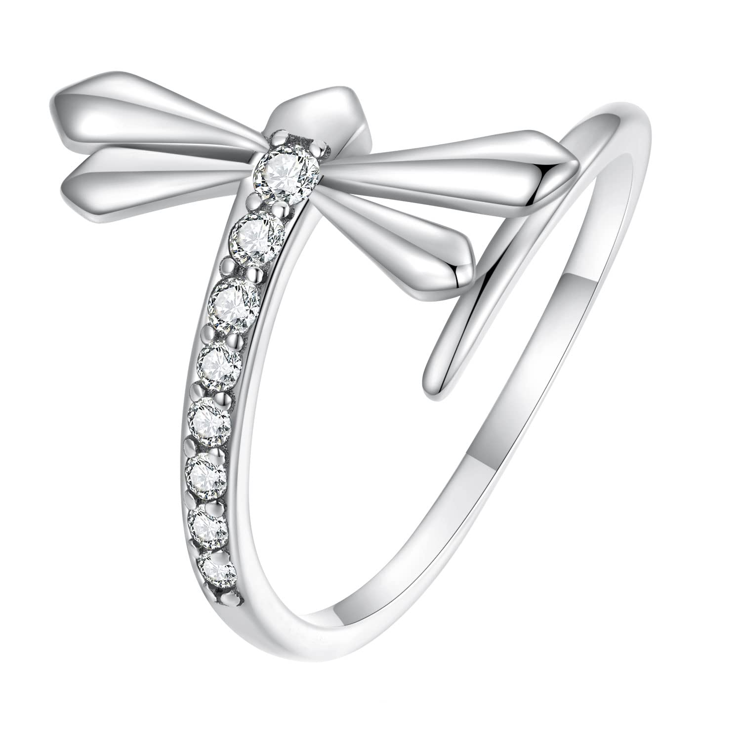 Dragonfly Wrap Finger Band 925 Sterling Silver Cubic Zirconia Crystal Open Statement Rings Engagement Promise Ring Climber Wedding Bands Dainty Jewelry Gifts Adjustable for Women