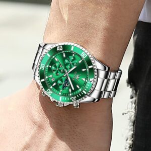 OLEVS Mens Watches Green Chronograph Luxury Dress Moon Phase Quartz Stainless Steel Waterproof Luminous Business Calendar Wrist Watch