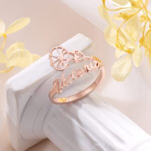 Personalized Name Ring for Women, Custom Adjustable Birth Flower Ring with Names Promise Birth Flower Ring for Her Gift for Women BFF (Rose Gold)