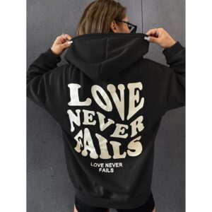 Women Pullover Slogan Graphic Drop Shoulder Letter Print Drawstring Long-Sleeved Hooded Casual Blouse Sweater Hoodie for