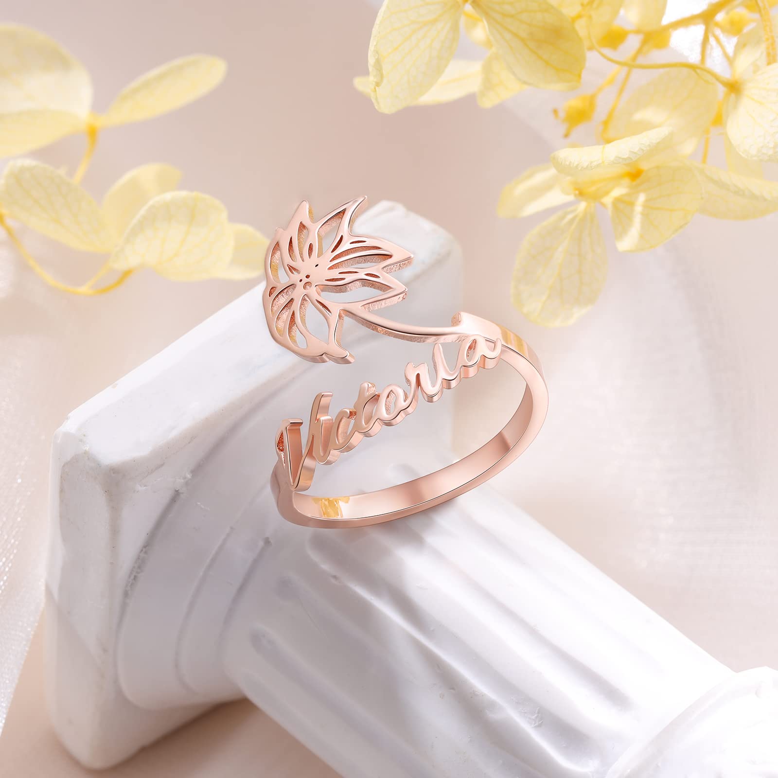 Personalized Name Ring for Women, Custom Adjustable Birth Flower Ring with Names Promise Birth Flower Ring for Her Gift for Women BFF (Rose Gold)