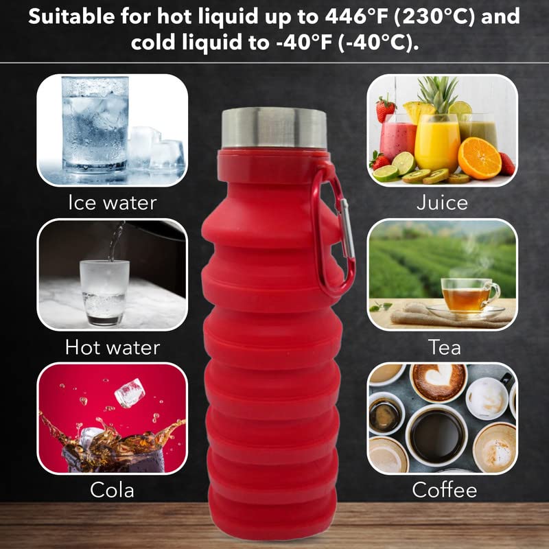 Gadgetime USA Collapsible Water Bottle (Red) Reusable, BPA Free, Silicone, Foldable Portable & Leak Proof - Water Bottles for Travel Gym Camping Hiking - Sports Water Bottle with Carabiner