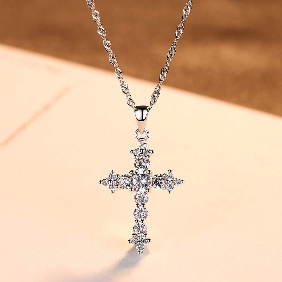 Peiyo Cross Necklace for Women Sterling Silver cubic zirconia Cross Clavicle Chain Mens Necklaces Christian Gifts