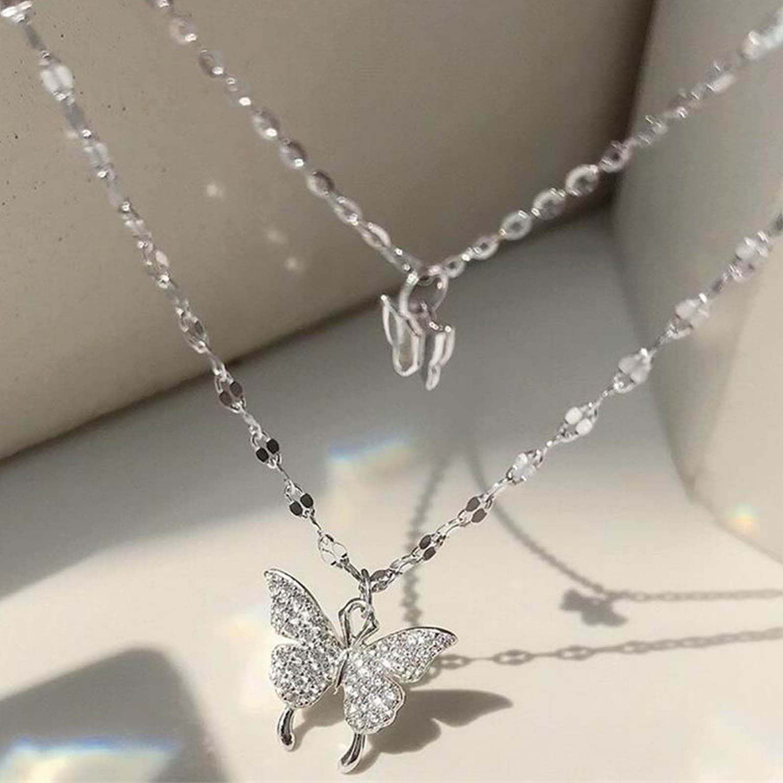 YienDoo Boho Layered Crystal Butterfly Necklace Choker Vintage Silver Tiny Butterfly Pendant Necklace Funky Rhinestone Butterfly Choker Rock Statement Necklace Charm Jewelry for Women and Girls