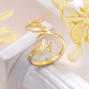 Personalized Name Ring for Women, Custom Adjustable Birth Flower Ring with Names Promise Birth Flower Ring for Her Gift for Women BFF (Gold)