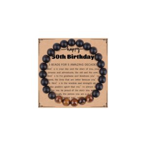 caiyao 21st/30th/40th/50th/60th/60th/70th birthday gift for women men elastic rope black onyx tiger eye natural stone beaded bracelet with wish card protection good luck jewelry-e 50th