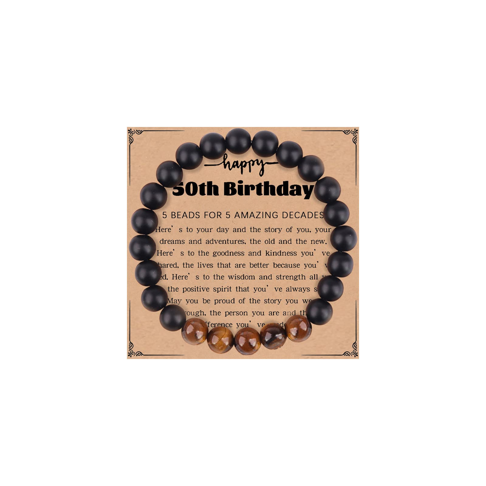 Caiyao 21st/30th/40th/50th/60th/60th/70th Birthday Gift for Women Men Elastic Rope Black Onyx Tiger Eye Natural Stone Beaded Bracelet with Wish Card Protection Good Luck Jewelry-E 50th