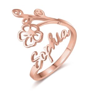 personalized name ring for women, custom adjustable birth flower ring with names promise birth flower ring for her gift for women bff (rose gold)