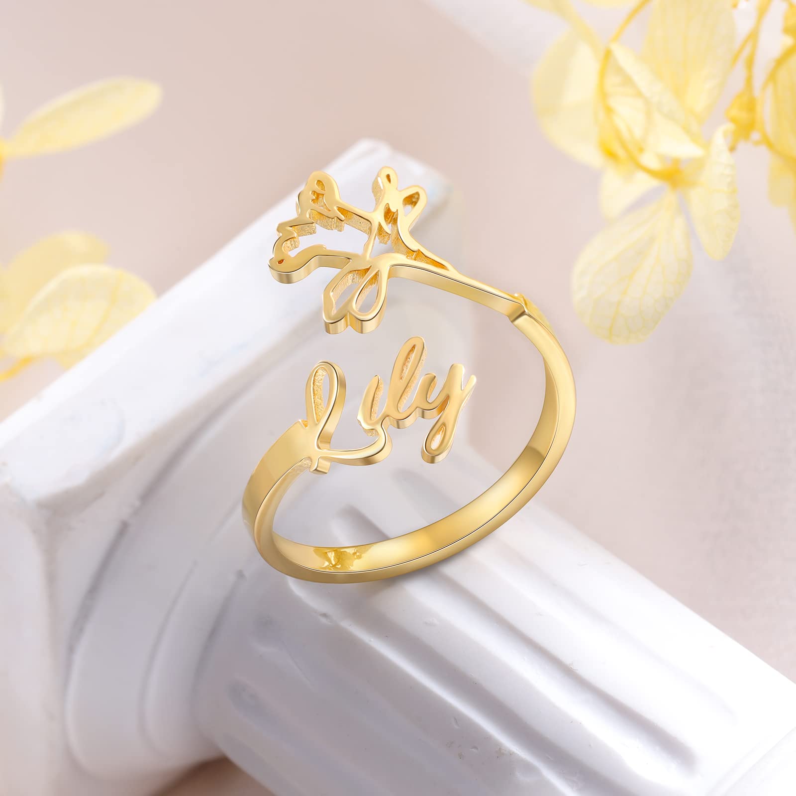 Personalized Name Ring for Women, Custom Adjustable Birth Flower Ring with Names Promise Birth Flower Ring for Her Gift for Women BFF (Gold)