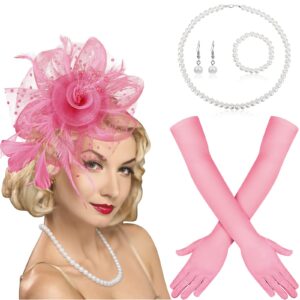 yaomiao 5 pcs 1920s fascinators feather headband pearl jewelry gloves for women tea party halloween church derby(pink)