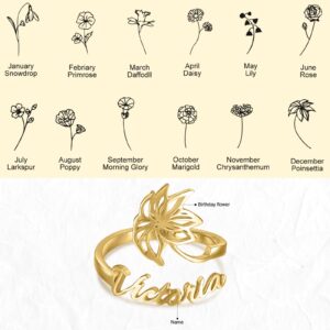 Personalized Name Ring for Women, Custom Adjustable Birth Flower Ring with Names Promise Birth Flower Ring for Her Gift for Women BFF (Gold)