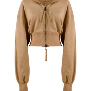 Arssm Cropped Hoodie Women Long Sleeve Sweatshirts Casual Fashion Hooded Zip up Workout Jacket with Thumb Holes(Khaki-L)