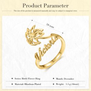 Personalized Name Ring for Women, Custom Adjustable Birth Flower Ring with Names Promise Birth Flower Ring for Her Gift for Women BFF (Gold)