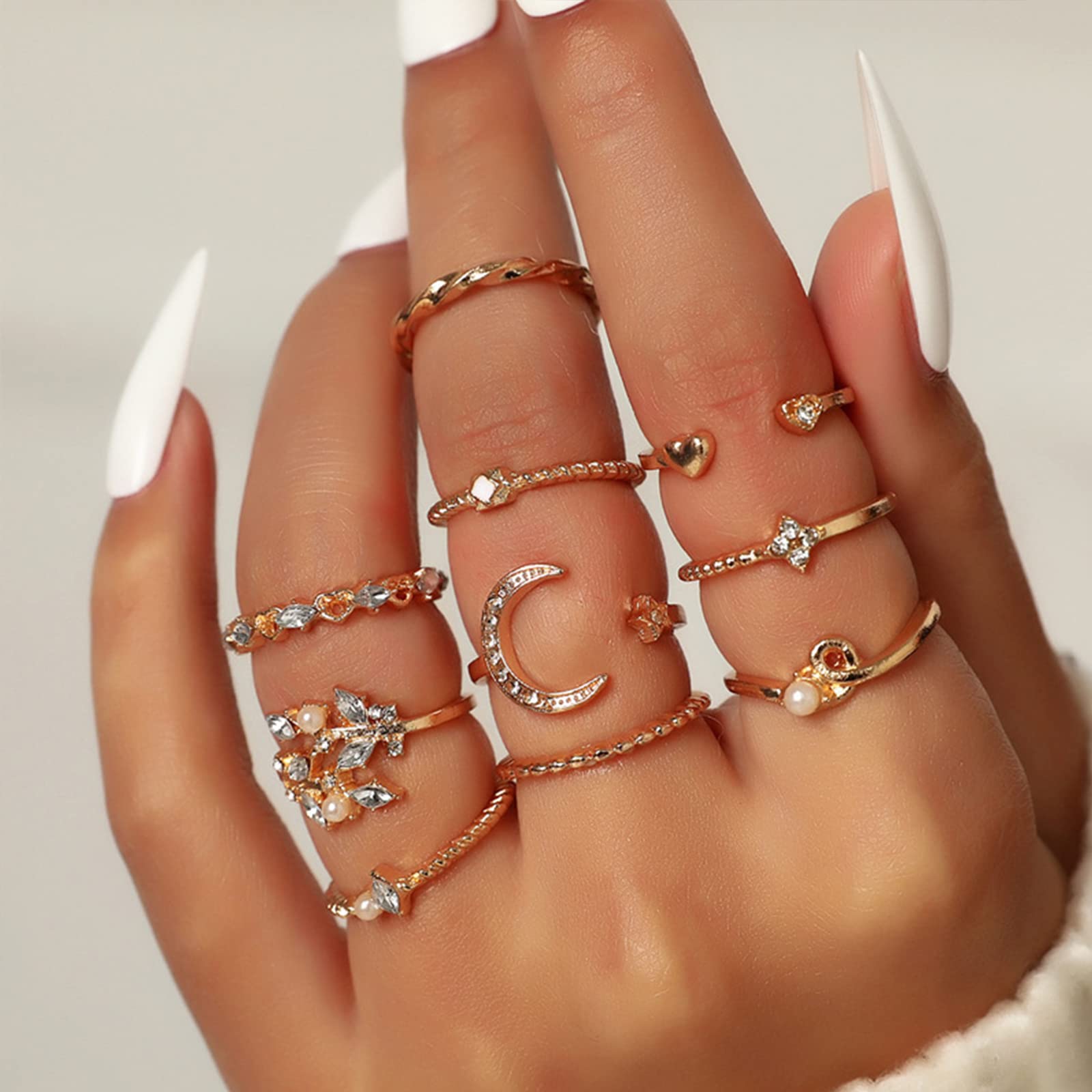 Long tiantian Stacking Rings for Women Moon Star Knuckle Rings for Women Gifts Simple Boho Rings Set Cute Stackable Aesthetic Rings Christmas Stocking Stuffers Gifts(Moon and Star)