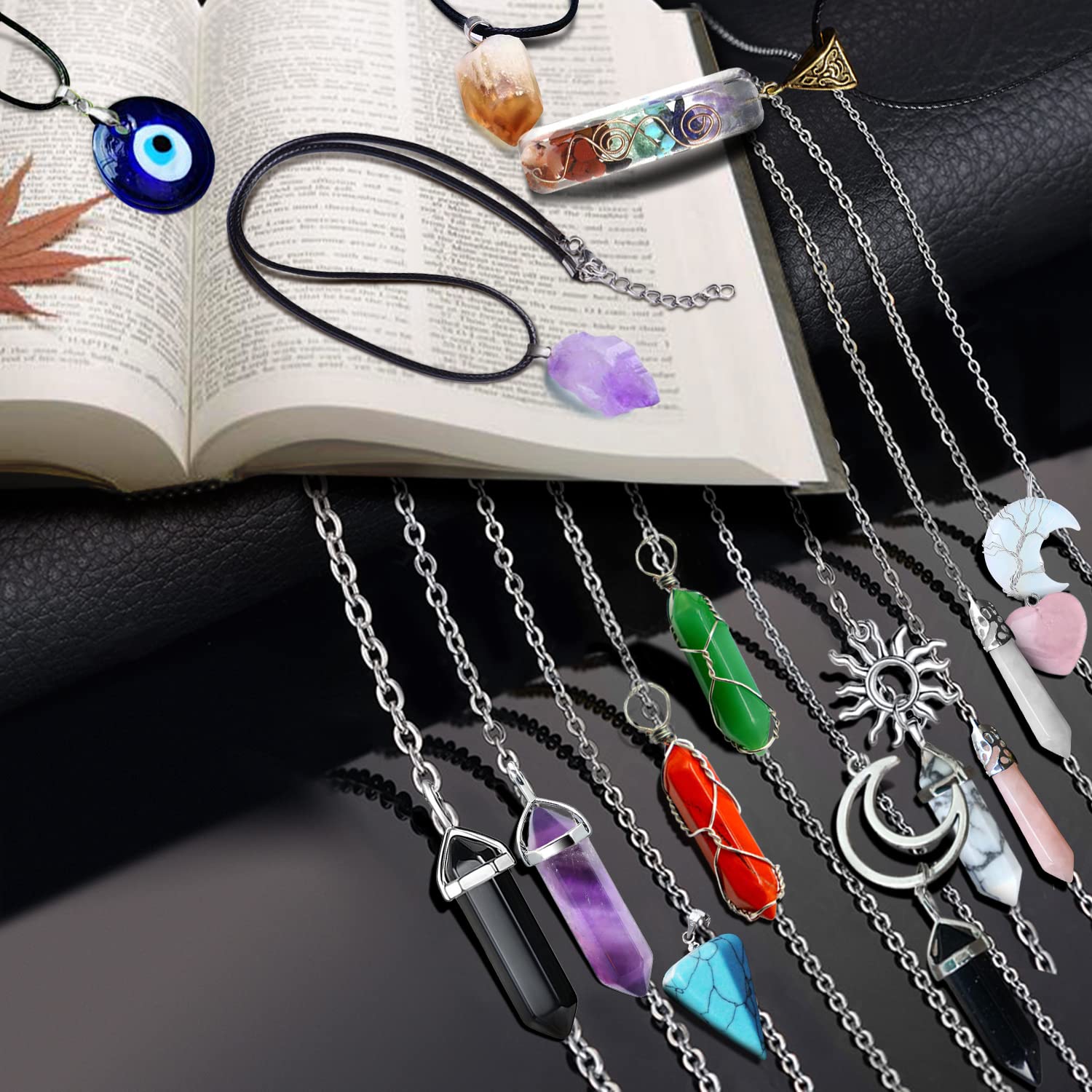 Mlurcu Crystal Necklace 15 PCS Crystal Pendants Jewelry Charms Healing Energy Gemstones Necklaces Quartz Chakra Obsidian Carnelian Evil Eye Heart Amethyst Chains Crystals