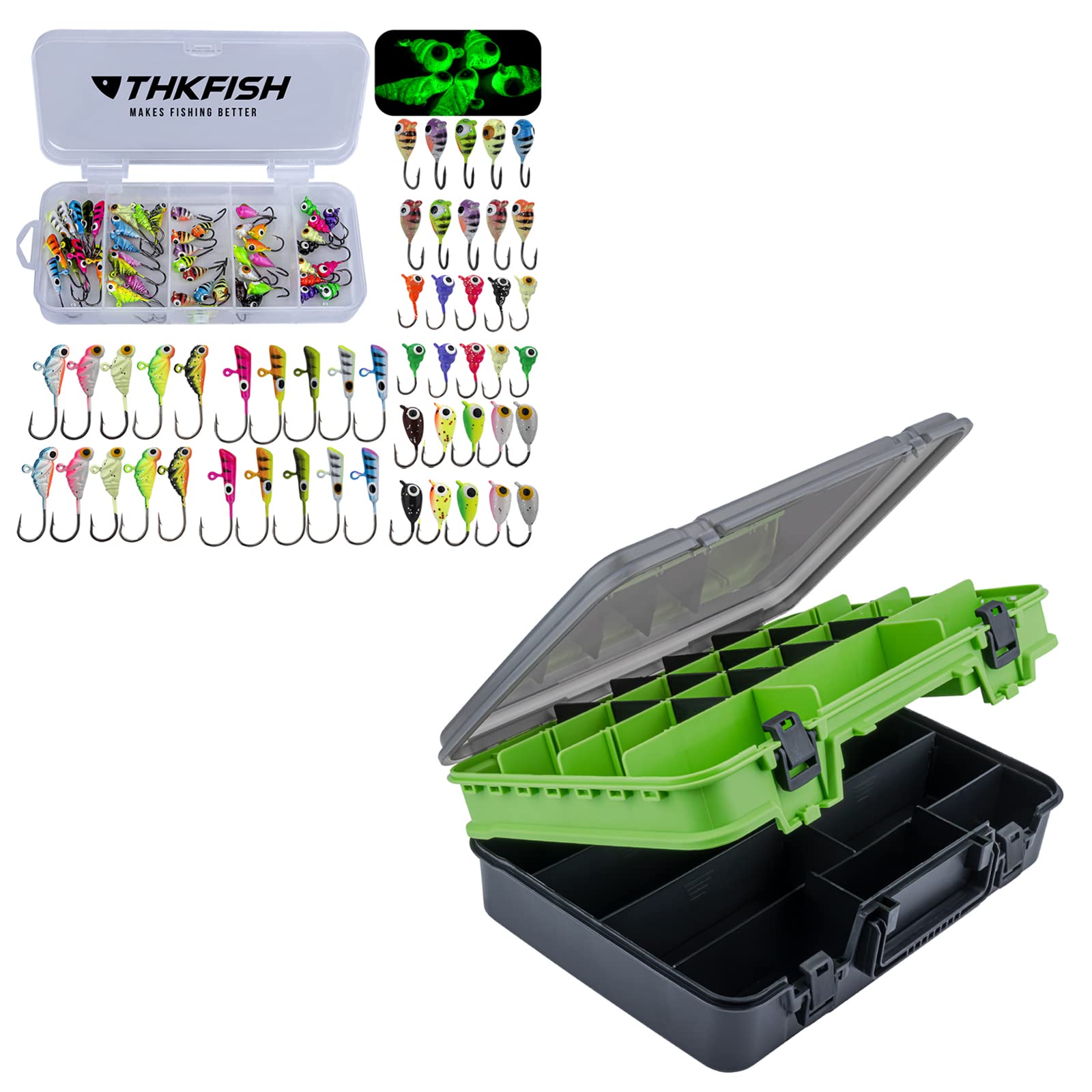 THKFISH Ice Fishing Jigs Ice Fishing Lures A-50PCS+THKFISH Fishing Tackle Box Organizer Double Layer Tackle Storage