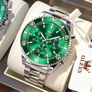 OLEVS Mens Watches Green Chronograph Luxury Dress Moon Phase Quartz Stainless Steel Waterproof Luminous Business Calendar Wrist Watch