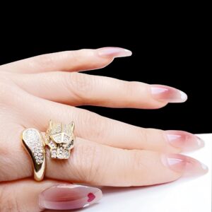 AIKAITUO 14K Gold Transparent Crystal Rhinestone Cheetah Leopard Head Ring Adjustable Statement-ring for Women