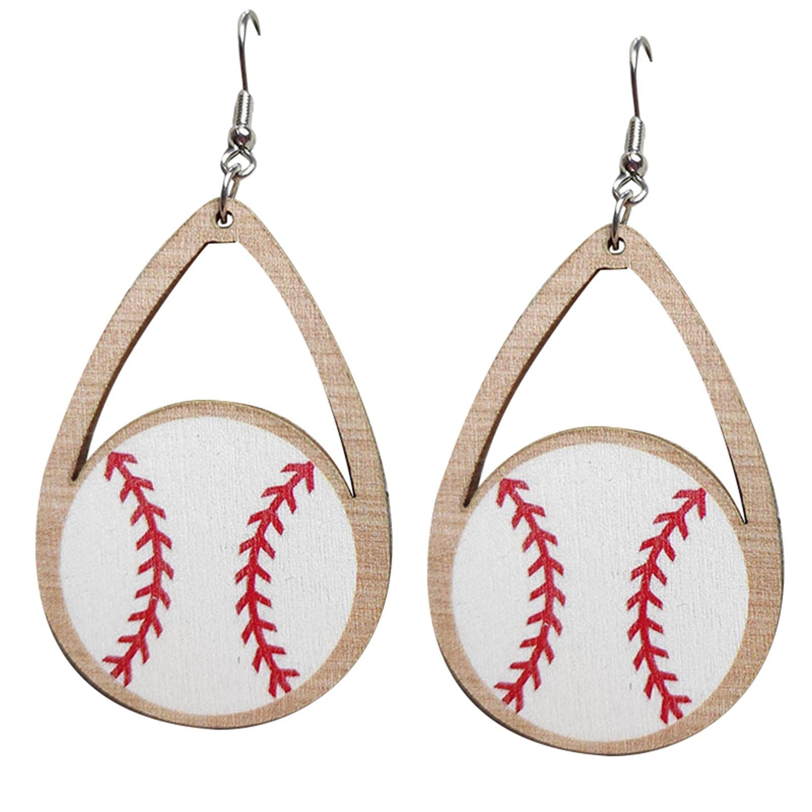 Retro Sports Ball Wooden Dangle Earrings Dainty Baseball Print Wood Earrings for Women Jewelry (A)