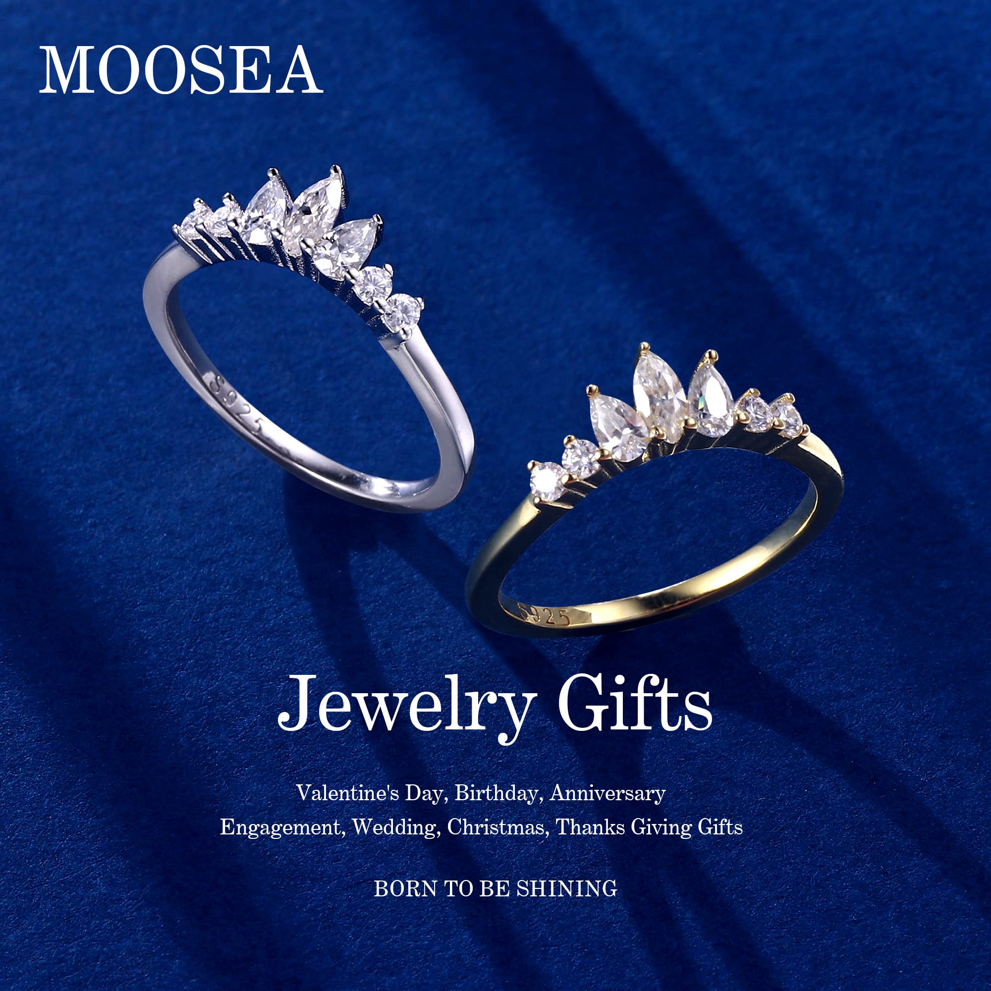 MOOSEA Unique Moissanite Anniversary Rings for Women Wife, D Color VVS1 Clarity Lab Created Diamond Rings 14K White Gold Vermeil Moissanite Curved Wedding Rings for Women Anniversary Rings Gifts