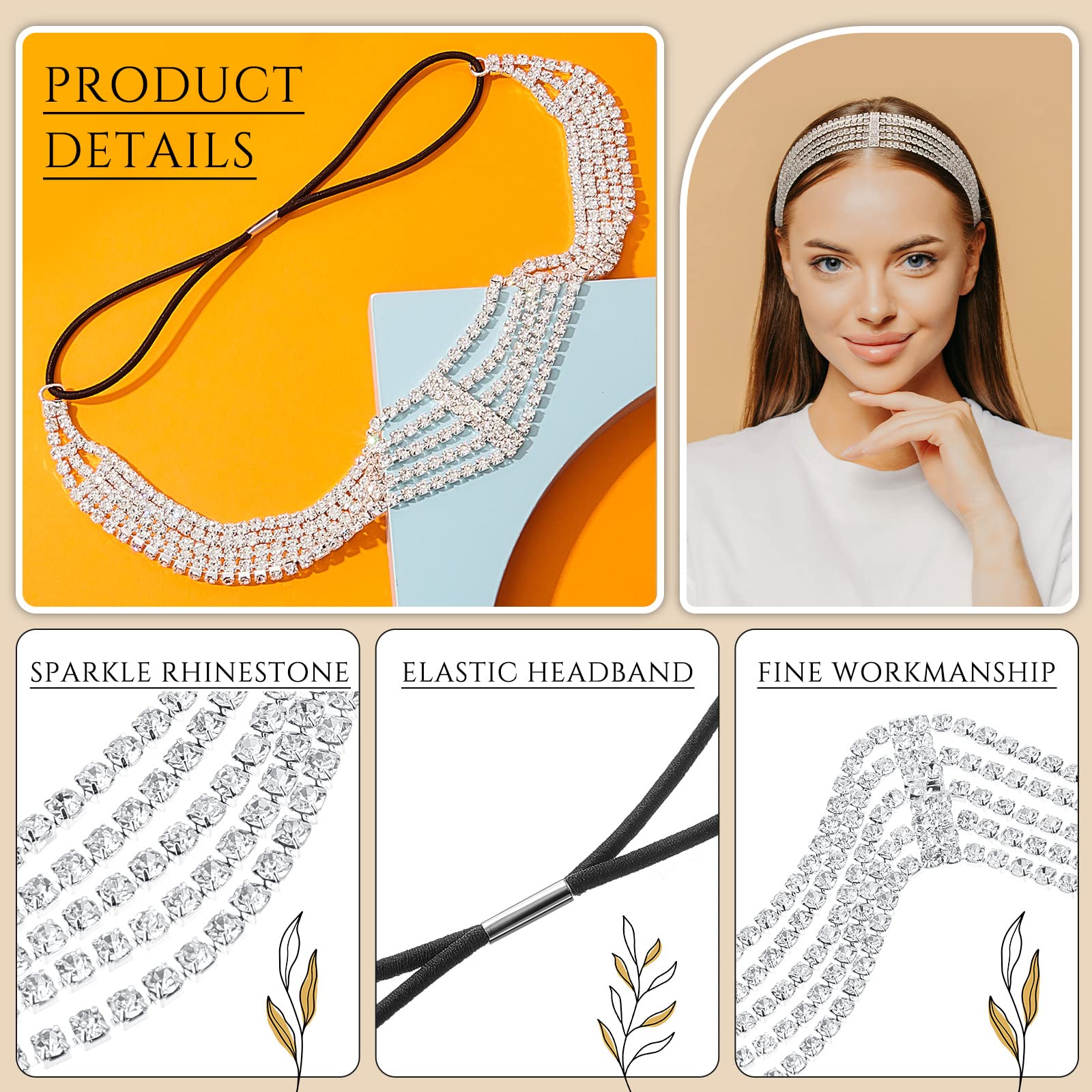 Taiyin 2 Pcs Women Rhinestones Headband Adjustable Crystal Head Chain Elastic Headband Rhinestone Bridal Headpieces Glitter Headband for Women Wedding