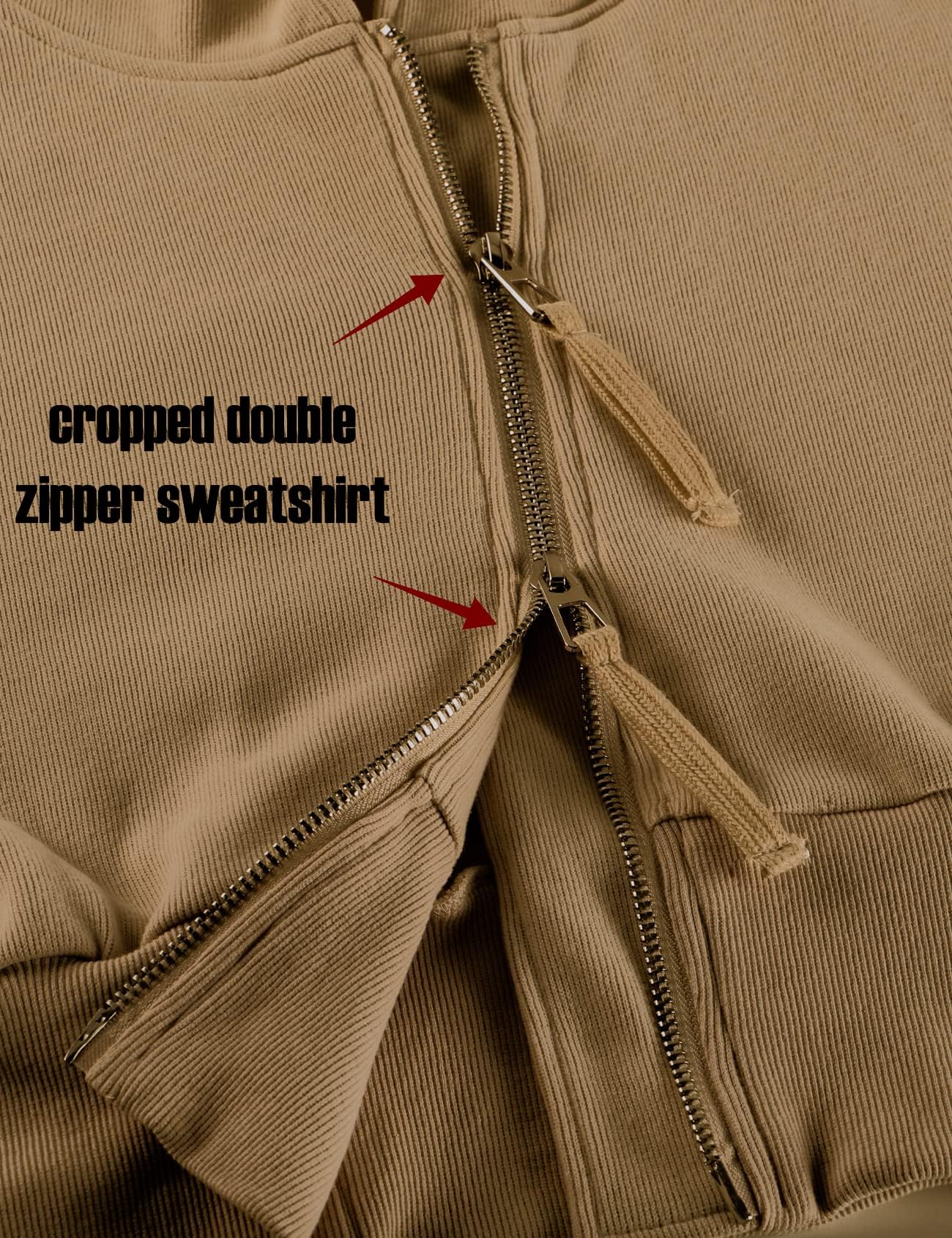 Arssm Cropped Hoodie Women Long Sleeve Sweatshirts Casual Fashion Hooded Zip up Workout Jacket with Thumb Holes(Khaki-L)