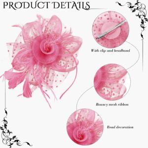 Yaomiao 5 Pcs 1920s Fascinators Feather Headband Pearl Jewelry Gloves for Women Tea Party Halloween Church Derby(Pink)