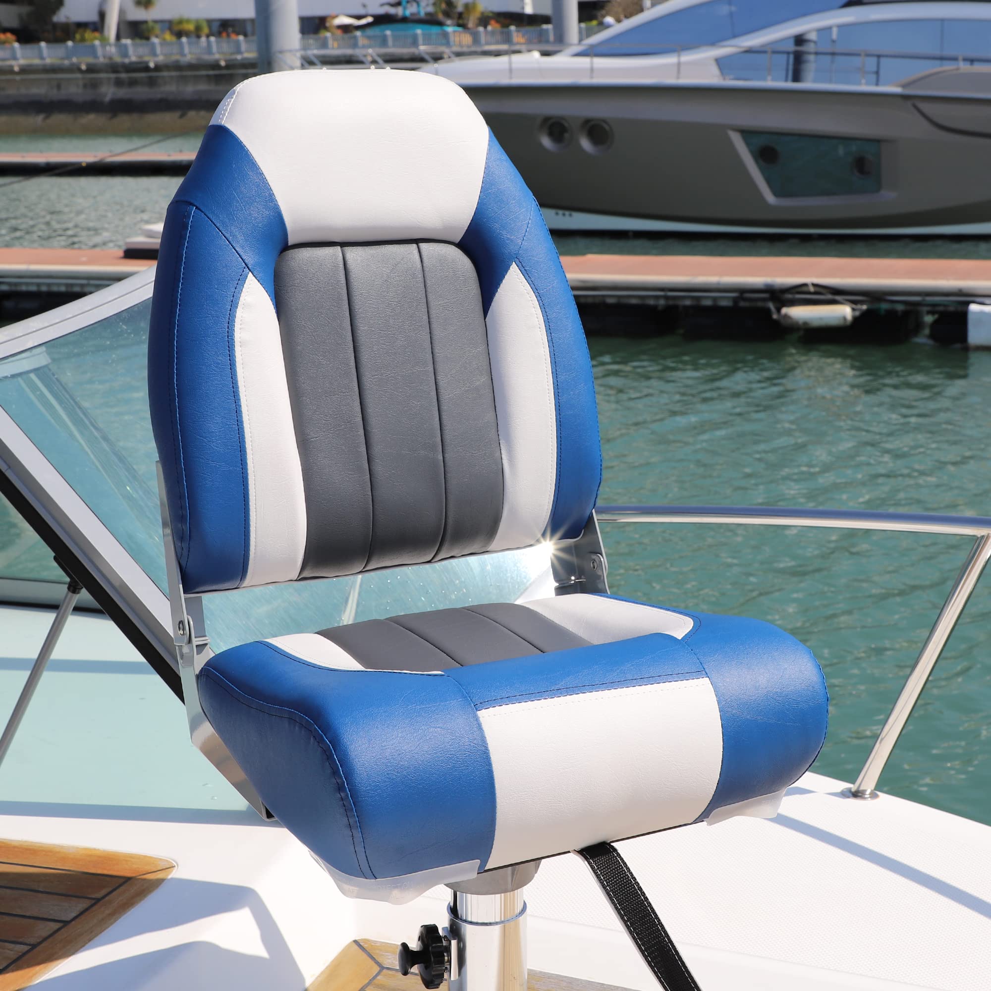 SUNDGORA Deluxe Marine High Back Folding Boat Seat,Stainless Steel Screws Included,White/Pacific Blue/Charcoal(2 Seats)