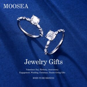 MOOSEA Moissanite Engagement Rings for Women, 1.5ct D Color VVS1 Clarity Lab Created Diamond Wedding Ring 14K White Gold Vermeil Cushion Cut Moissanite Side Stone Rings for Women Jewelry Gifts