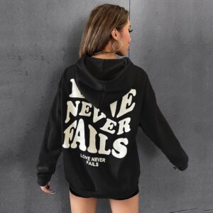 Women Pullover Slogan Graphic Drop Shoulder Letter Print Drawstring Long-Sleeved Hooded Casual Blouse Sweater Hoodie for