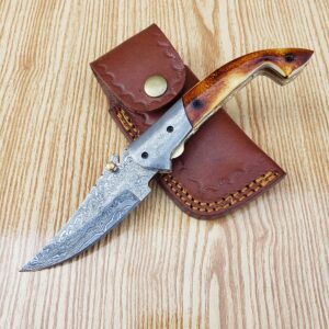 CLOUD KILT Handmade Pocket Folding Knife With Leather Sheath Premium Quality Best Hunting Gear Pocket Knives Gifts For Men (Camel Burn Bone)