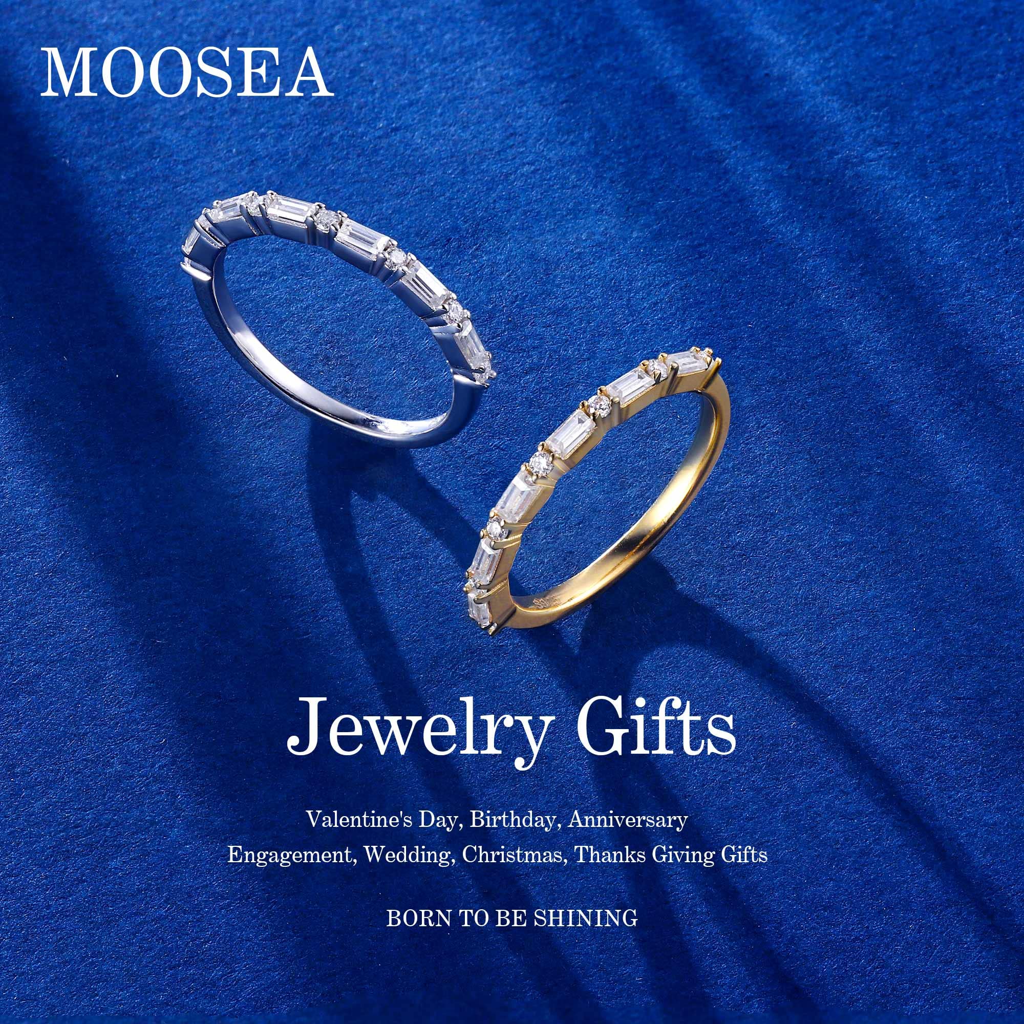 MOOSEA Baguette and Round Moissanite Anniversary Rings for Women, D Color VVS1 Clarity Lab Created Diamond Wedding Rings 14K Yellow Gold Vermeil Moissanite Stackable Rings for Women Wife Mom Gifts