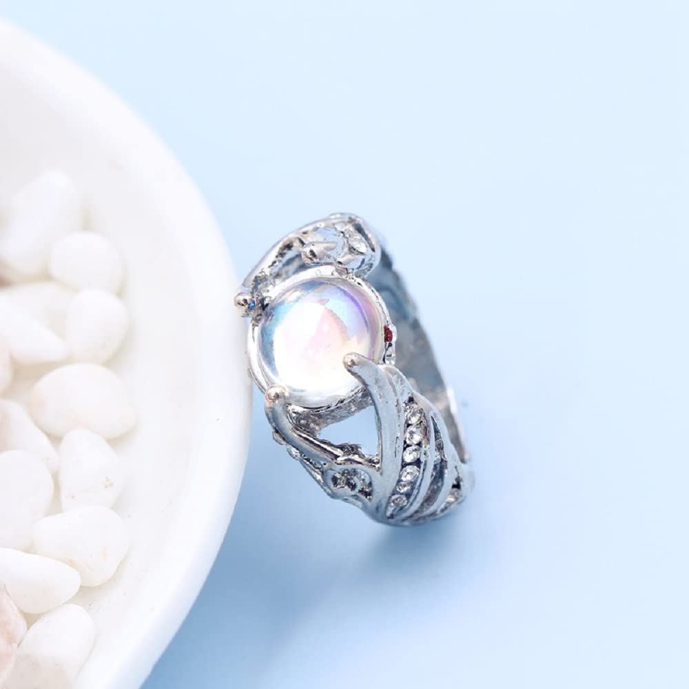 Hsitgexf Rainbow Moon Stone Rings Victorian Style Gemstone Solitaire Round Moonstone Cocktail Ring for Women, Angel Wings Wedding Engagement Rings (US Size 7)