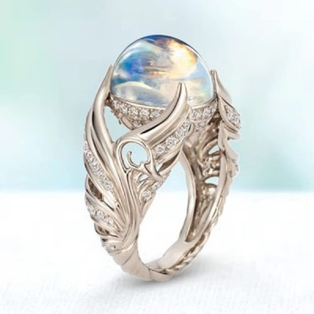 Hsitgexf Rainbow Moon Stone Rings Victorian Style Gemstone Solitaire Round Moonstone Cocktail Ring for Women, Angel Wings Wedding Engagement Rings (US Size 7)