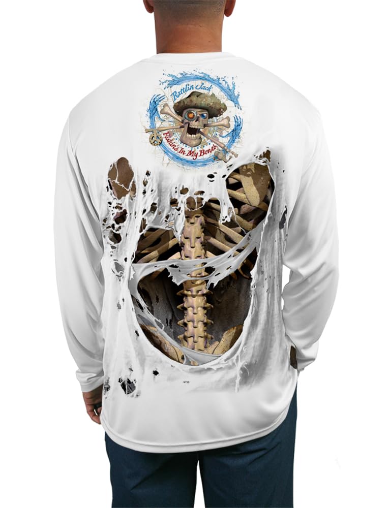 Rattlin Jack Men's Long Sleeve Fishing Shirt UVprotection Skeleton Bone XL White