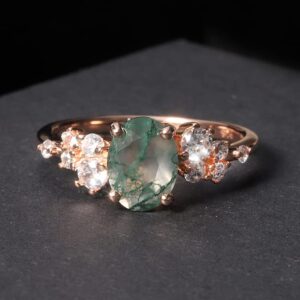 Gem's Beauty Birthday Gifts for Her 1.18CT Oval Cut Moss Agate There Stone Engagement Ring in 925 Sterling Silver Women's Gold Ring(Size10)