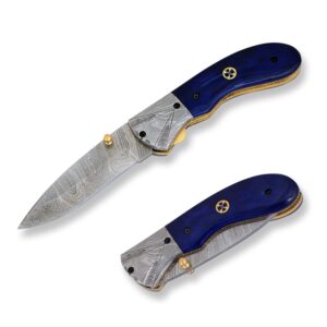 cloud kilt handmade pocket folding knife with leather sheath premium quality best hunting gear pocket knives gifts for men (blue horn bone)